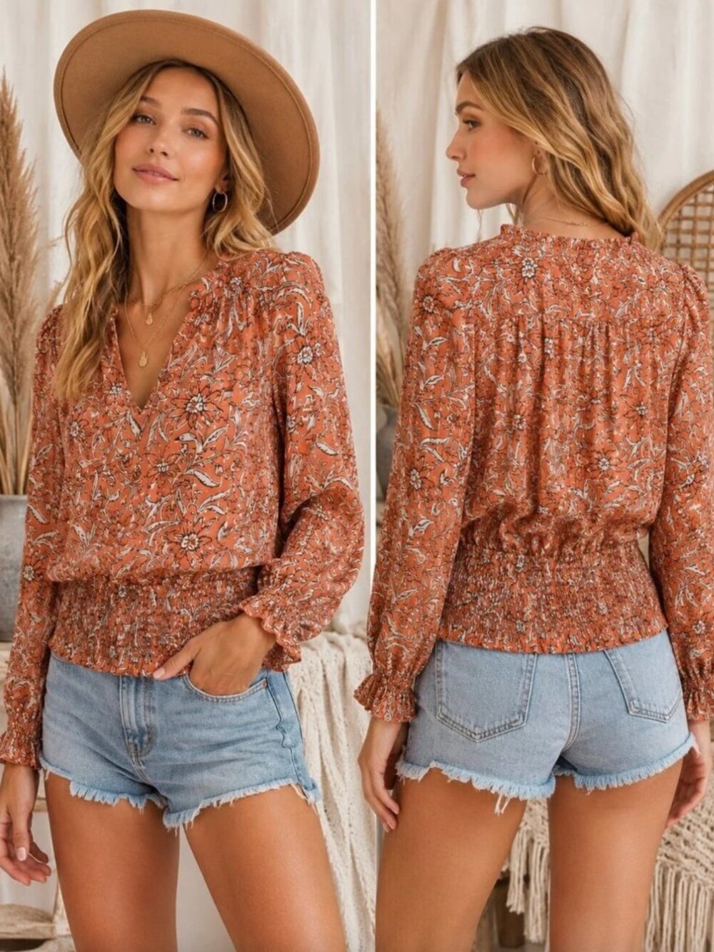 RACHEL Rachel Roy Rust Floral Smocked Waist Long Sleeve Blouse size M